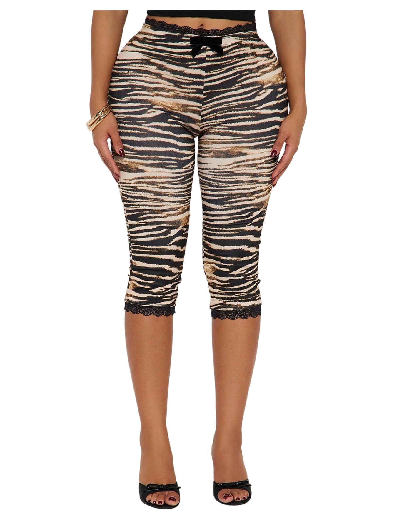GORGLITTER Womens Zebra Striped Leggings Lace Trim Cropped Trousers Skinny Capri Pants