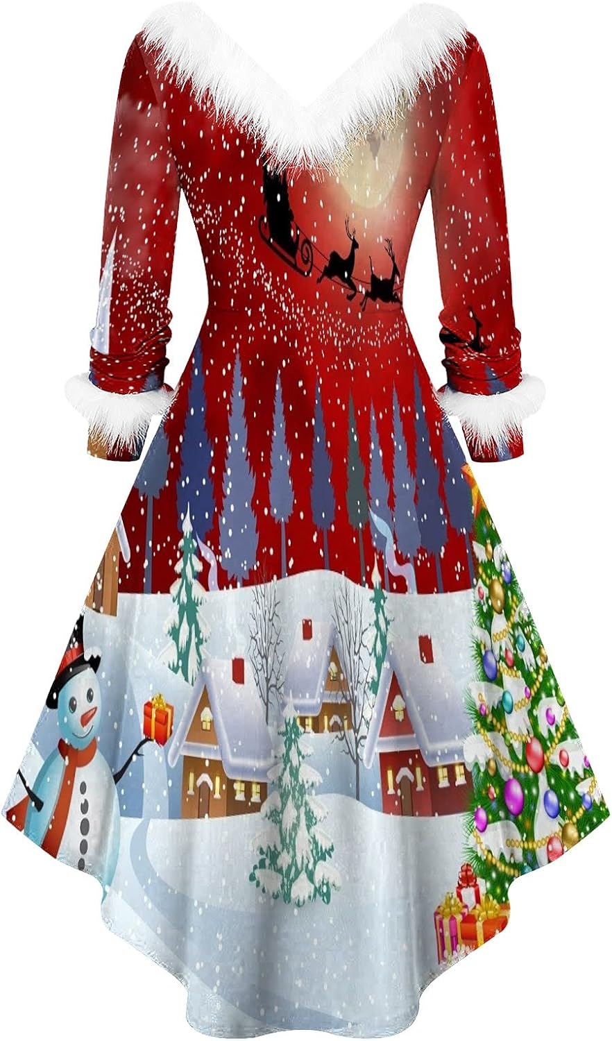 Christmas Dresses for Womens Furry U Neck Print Retro Long-Sleeved Party Dress Mrs Santa Claus Fancy Cosplay Outfits : Sports & Outdoors