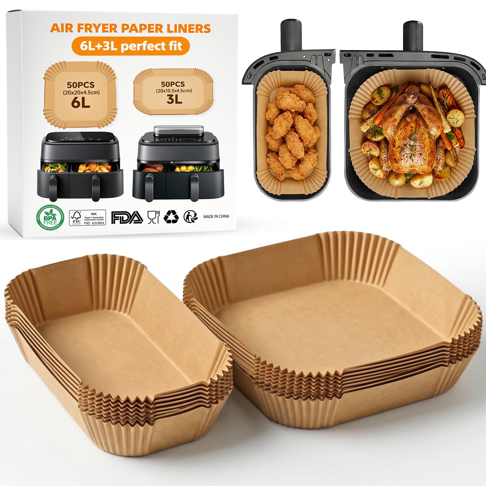 Air Fryer Paper Liners for Philips Dual Basket Airfryer 3000/5000 Series NA350 NA352 NA550 9L(6L/3L) Tefal 8.3L(5.2L/3.1L), HONYAO 100Pcs Disposable Parchment Paper Liners Air Fryer Accessories