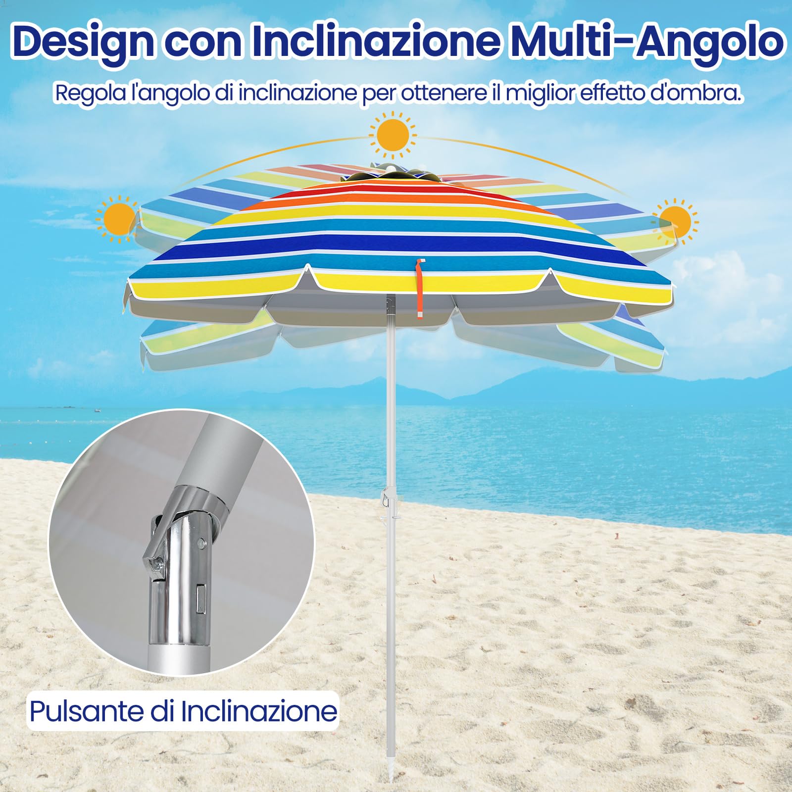 RELAX4LIFE Ombrellone da Spiaggia con 8 Stecche Stabili e Palo Alluminio Centrale Inclinabile, Protezione solare e impermeabile, Borsa di Trasporto Inclusi, 182 x 182 x 213 cm (Colorato)