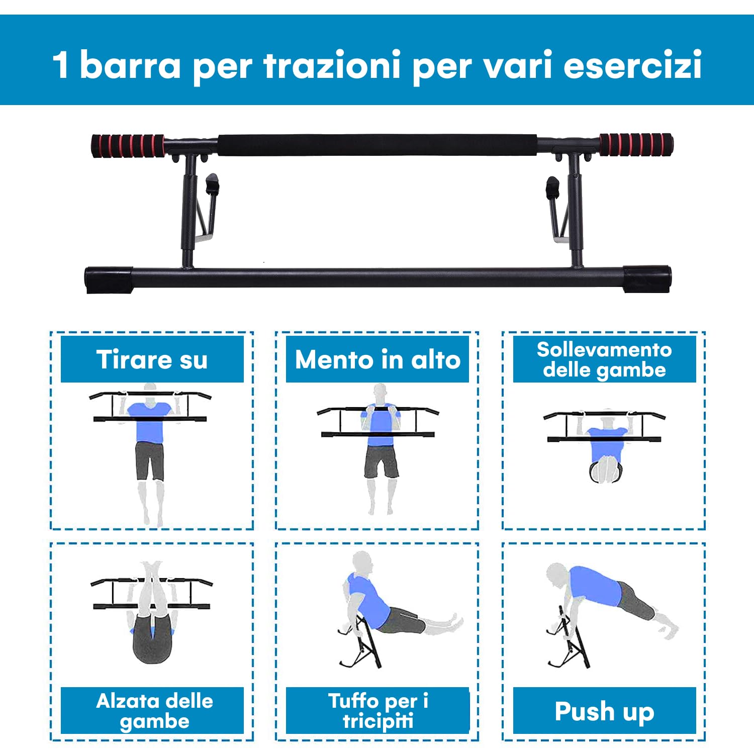 High Pulse | Sbarra per trazioni inclusi 2 ganci per moschettone con passanti + poster per esercizi – Barra multifunzionale da fissare al telaio della porta senza fori