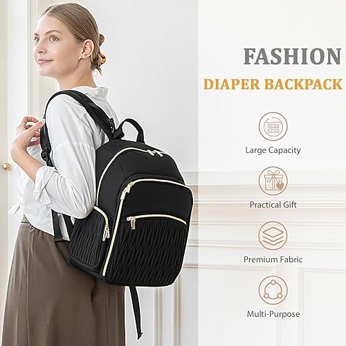 Miniatura 6 de miss fong Mochila para pañales  Bolsa de pañales para bebé con cambiador de pañales, mochila acolchada para pañales de viaje con 16 bolsillos