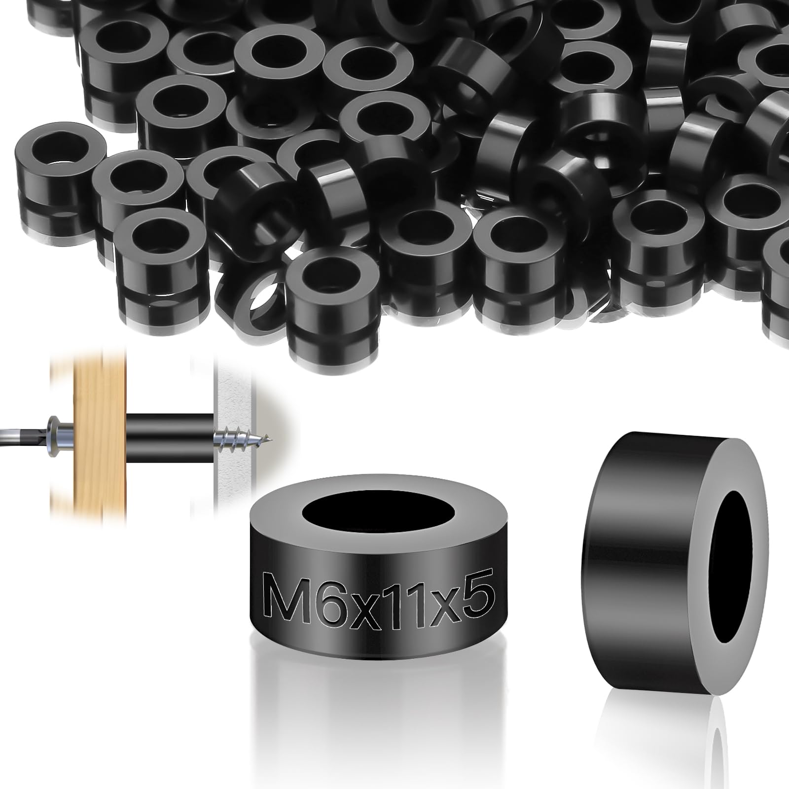 mawmuaw 100 Pcs Plastic Spacers Black, Nylon Spacers M6 Washers ABS Round Washer 11x5 mm Non Threaded Insulation Column Standoff Support Washers for M6 Screws