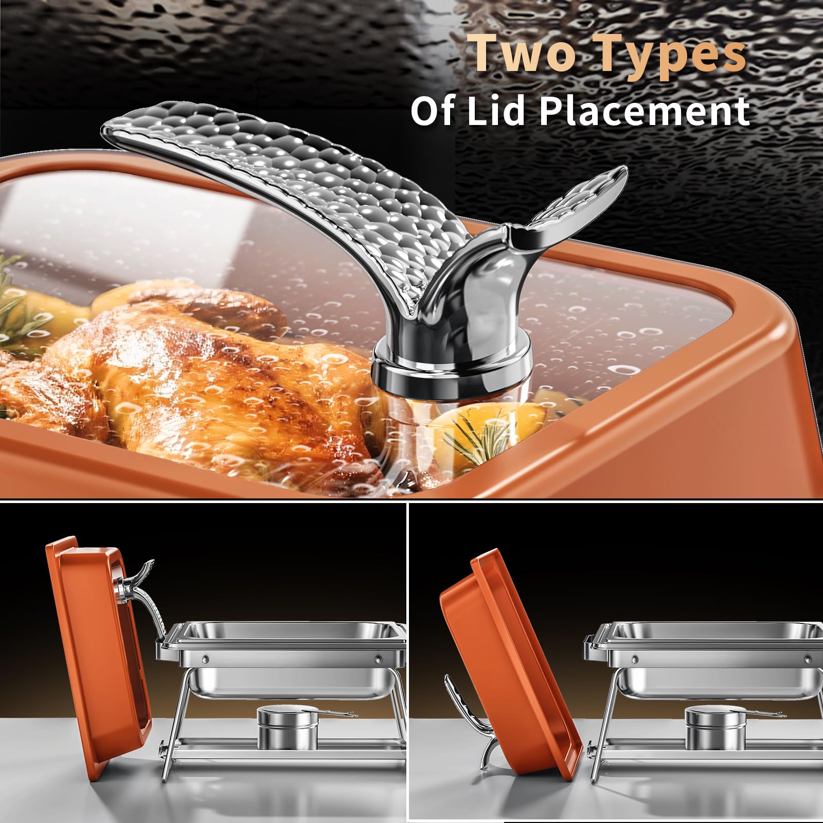 KScocina Juego de 4 platos cuadrados de acero inoxidable de 5 cuartos de galón, calentador completo de buffet para fiestas en casa, Navidad y eventos de catering (naranja)
