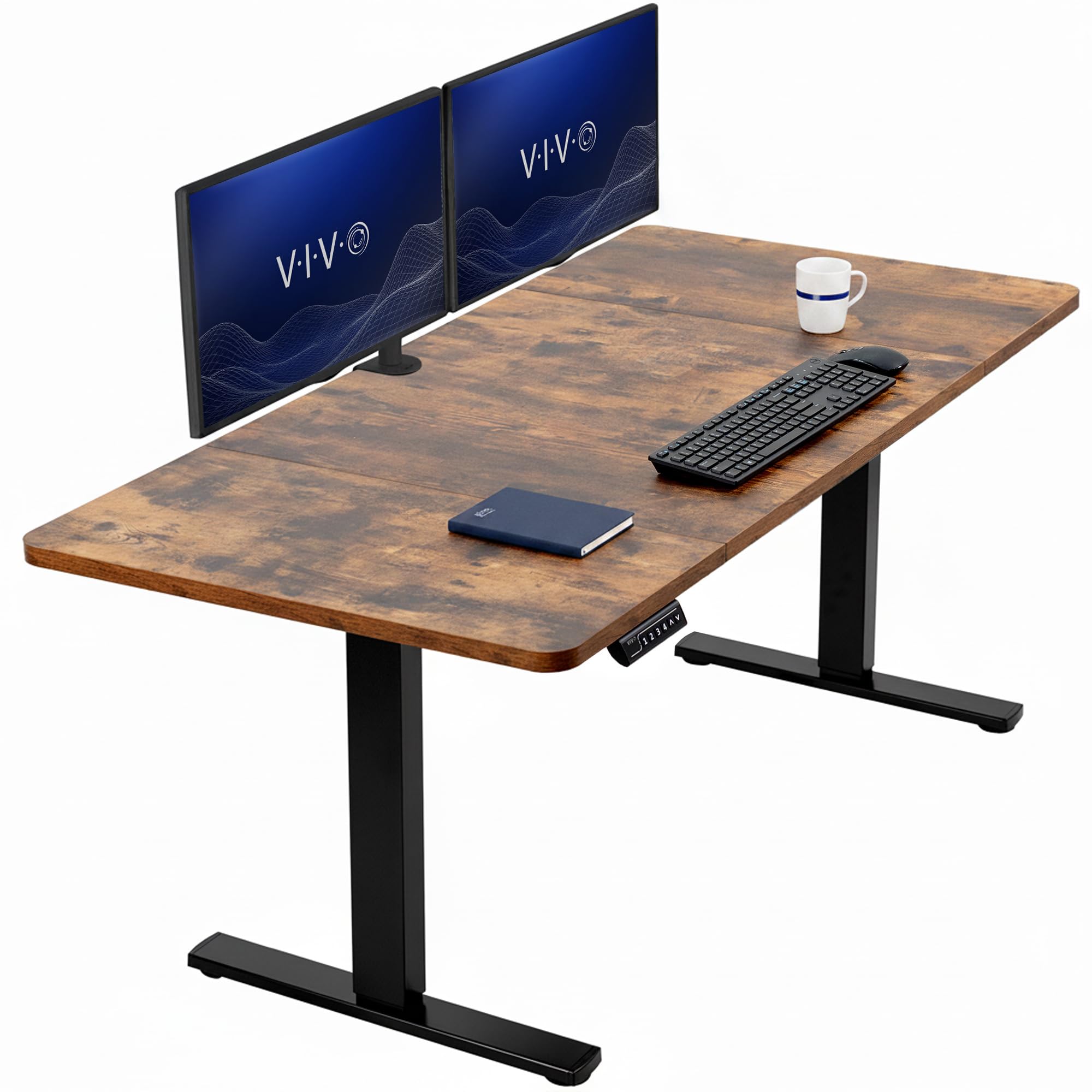 VIVO Rustic Vintage Brown 60 x 30 in Standing Desk, DESK-KIT-1B6N-30 | Electric, Holds 220 lbs, Sit Stand, Height Adjustable, Extra Deep Table Top, Memory Presets, 1B Series, Black Frame