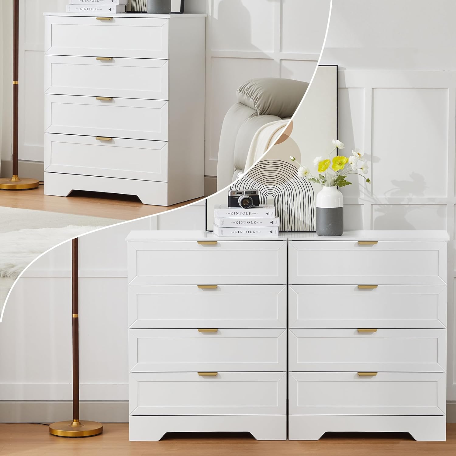 37-inches Tall Chest of Drawers, 4 Drawer Dresser for Bedroom, Wood Dresser with Large Drawers, Modern Storage Cabinet for Closet, Living Room, Entryway, White