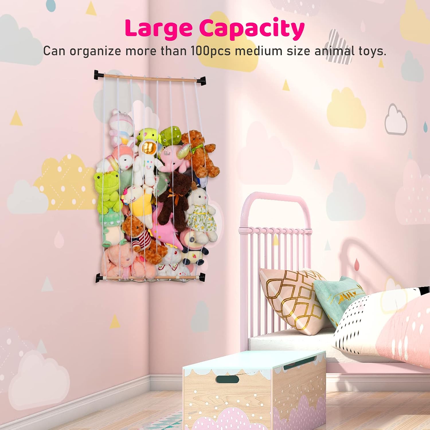 Jtskfcl Stuffed Animal Storage Hammock Hanging Toy Organizer with Canvas Base, Wood Country Style Large Corner Plush Toys Holder for Nursery Play Room Bedroom Kid’s Room
