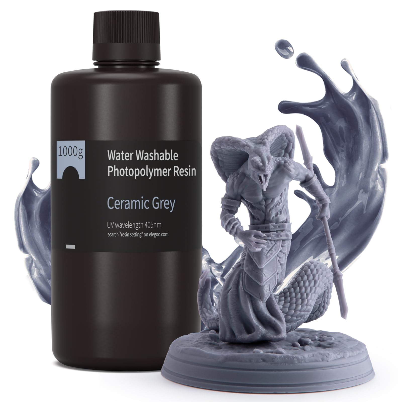 ELEGOO Résine Lavable à l'Eau pour Imprimante 3D 1000g Gris, Résine Photopolymère à Nettoyage Facile, 405nm Durcissement UV Rapid Water Washable Resin pour LCD Impression 3D Printer