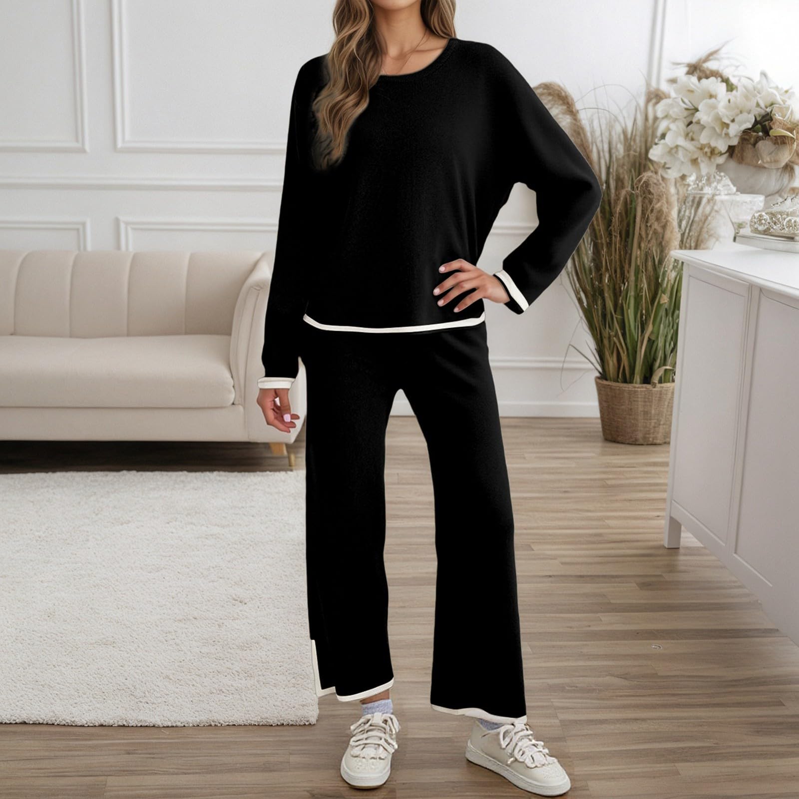 Ensemble de 2 pulls pour femme - Manches longues - Pull en tricot - Couleur unie - Confortable - Été - Jambes larges - Pantalon - Ensemble de détente - Survêtement