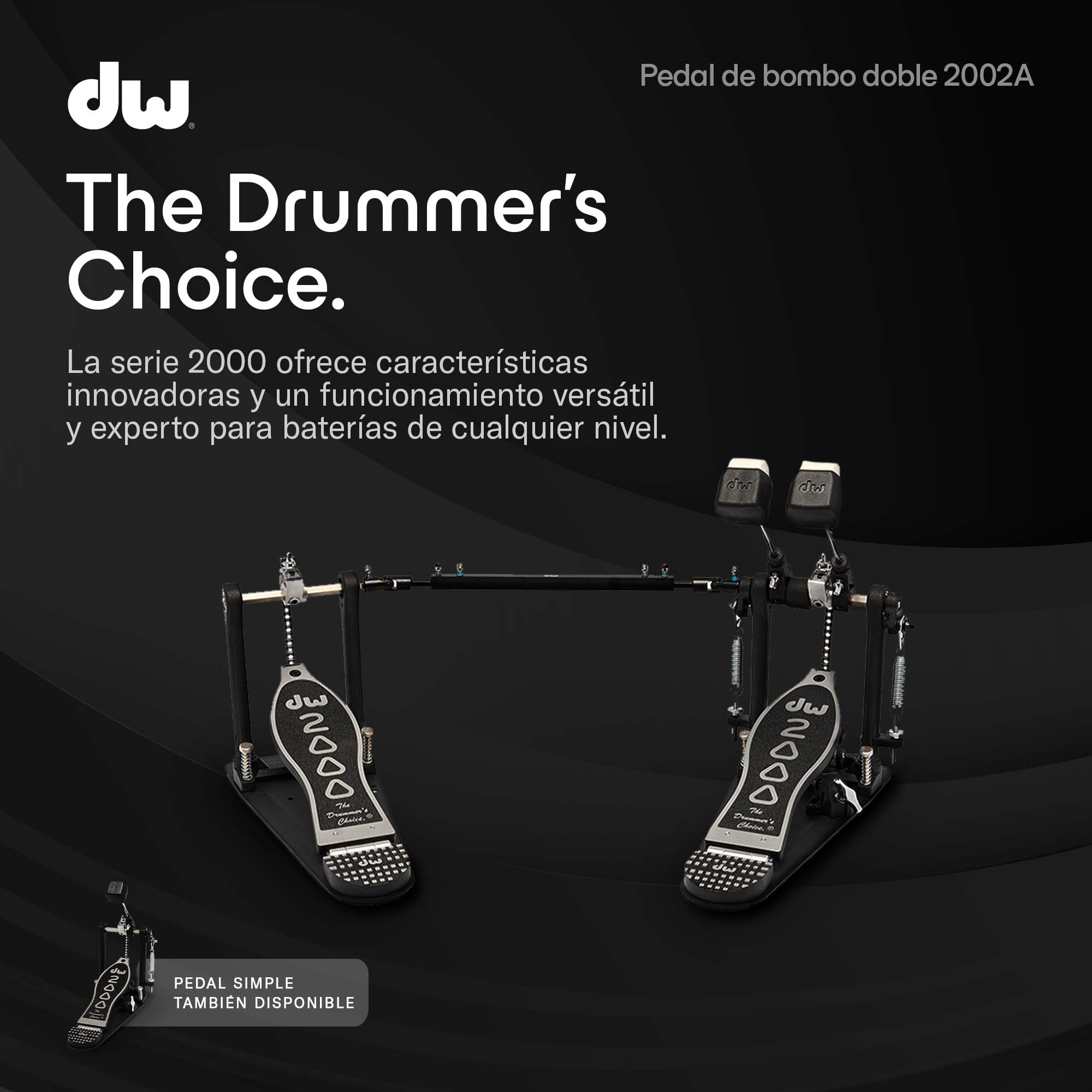 DW 2002A | Pedal de doble bombo serie 2000 | Perfecto para baterías de cualquier nivel | Robusta estructura íntegra de metal con sistema de transmisión Accelerator de cadena simple