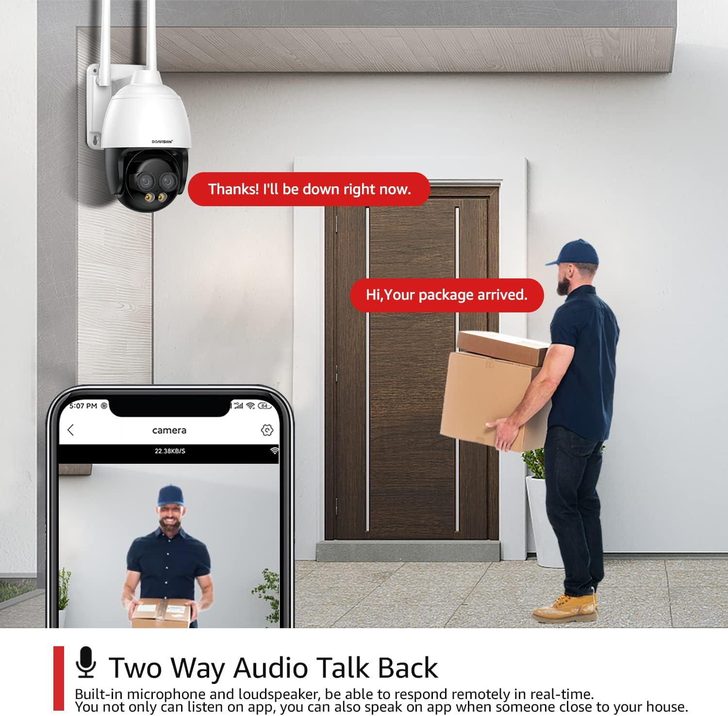 BOAVISION camera mounted outdoors with weather icons indicating IP66 waterproof rating