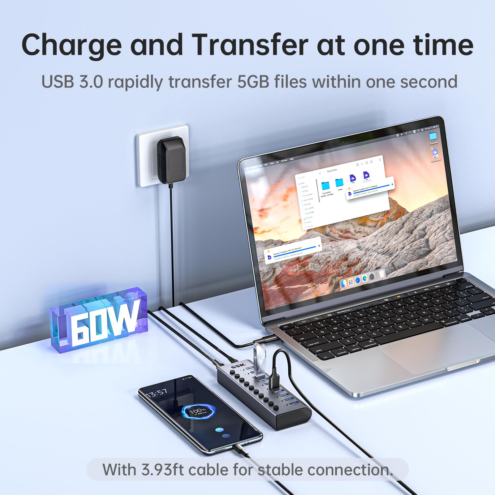 SSK Hub USB 3.0 alimentato a 10porte, splitter di estensione USB in alluminio con interruttori e LED individuali, hub di ricarica USB a 5 Gbps di dati con adattatore DC12V5A e cavo da 3,93 piedi