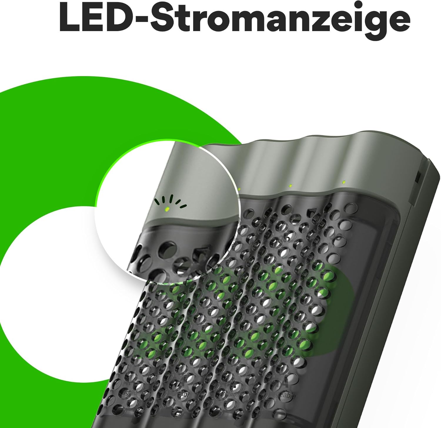 Close-up of LED power indicator on GP ReCyko M452 charger