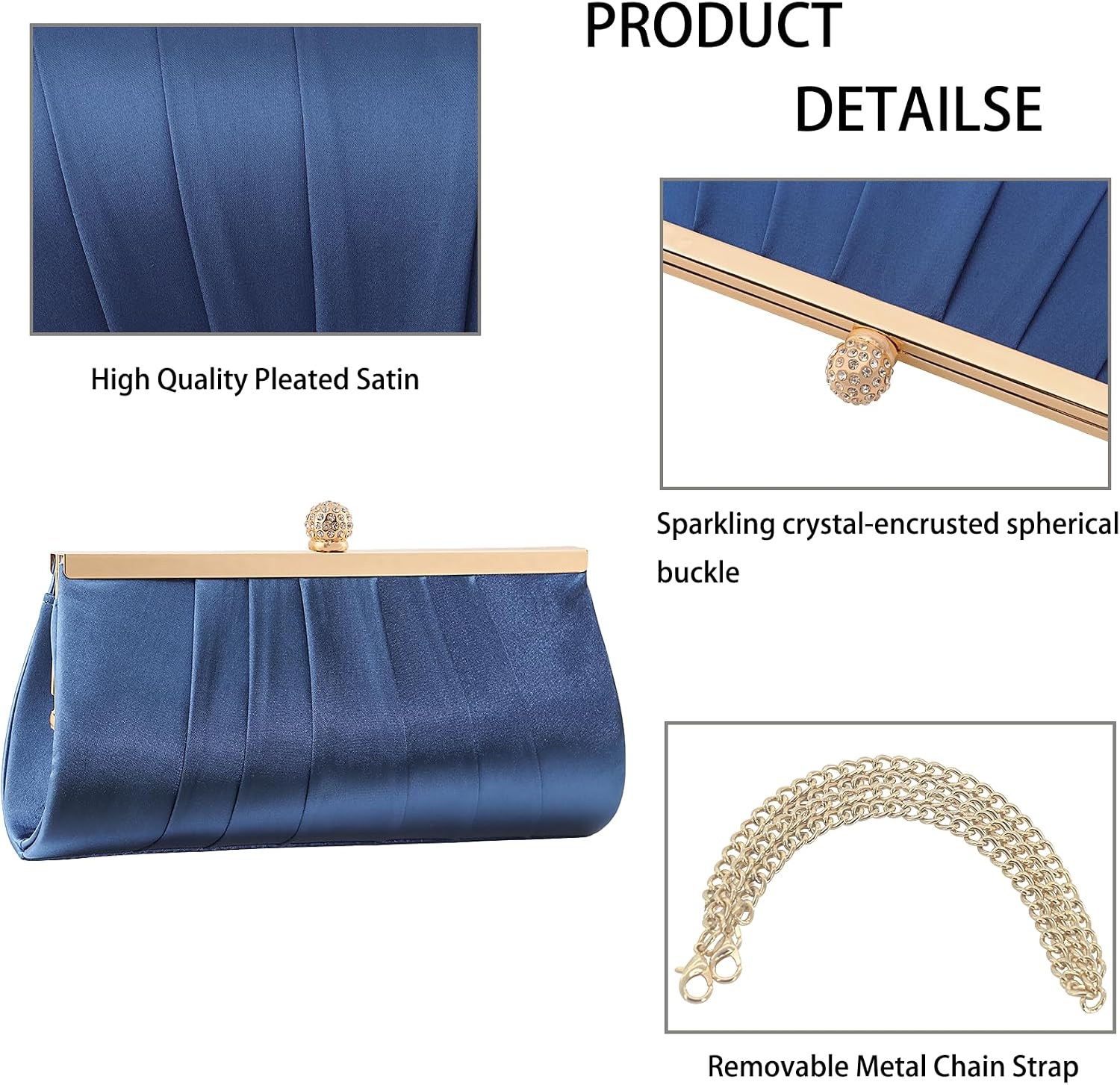 MOJISOLO Women's Evening Clutch Bag with Sparkling Crystal Buckle, Pleated Satin, Detachable Chain Strap for Wedding