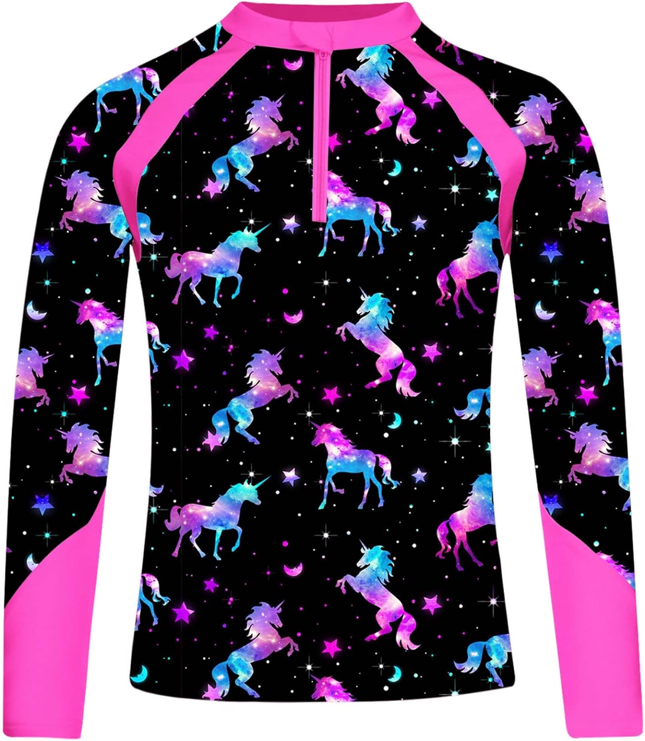 Kids Girls Printed Swimming Shirt UPF 50+ Long Sleeve Rash Guard Shirts Top Swimwear Beachwear