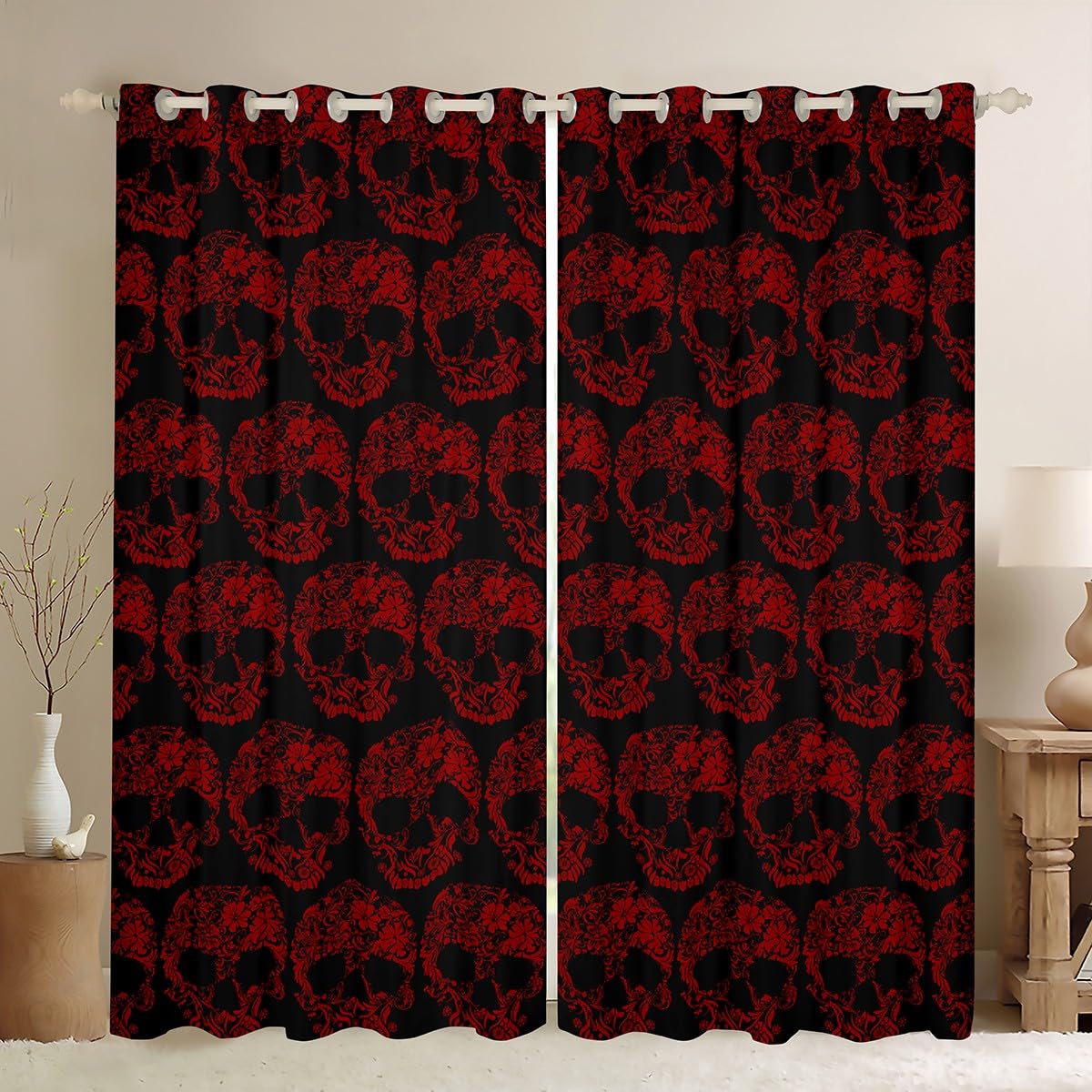 Manfei Skull Kids Blackout Curtain,Flower Happy Halloween Bone Nursery Bedroom Playroom Decor,Floral Vintage Gothic Window Drapes,Red Black 2 Panels,46Wx54L inch