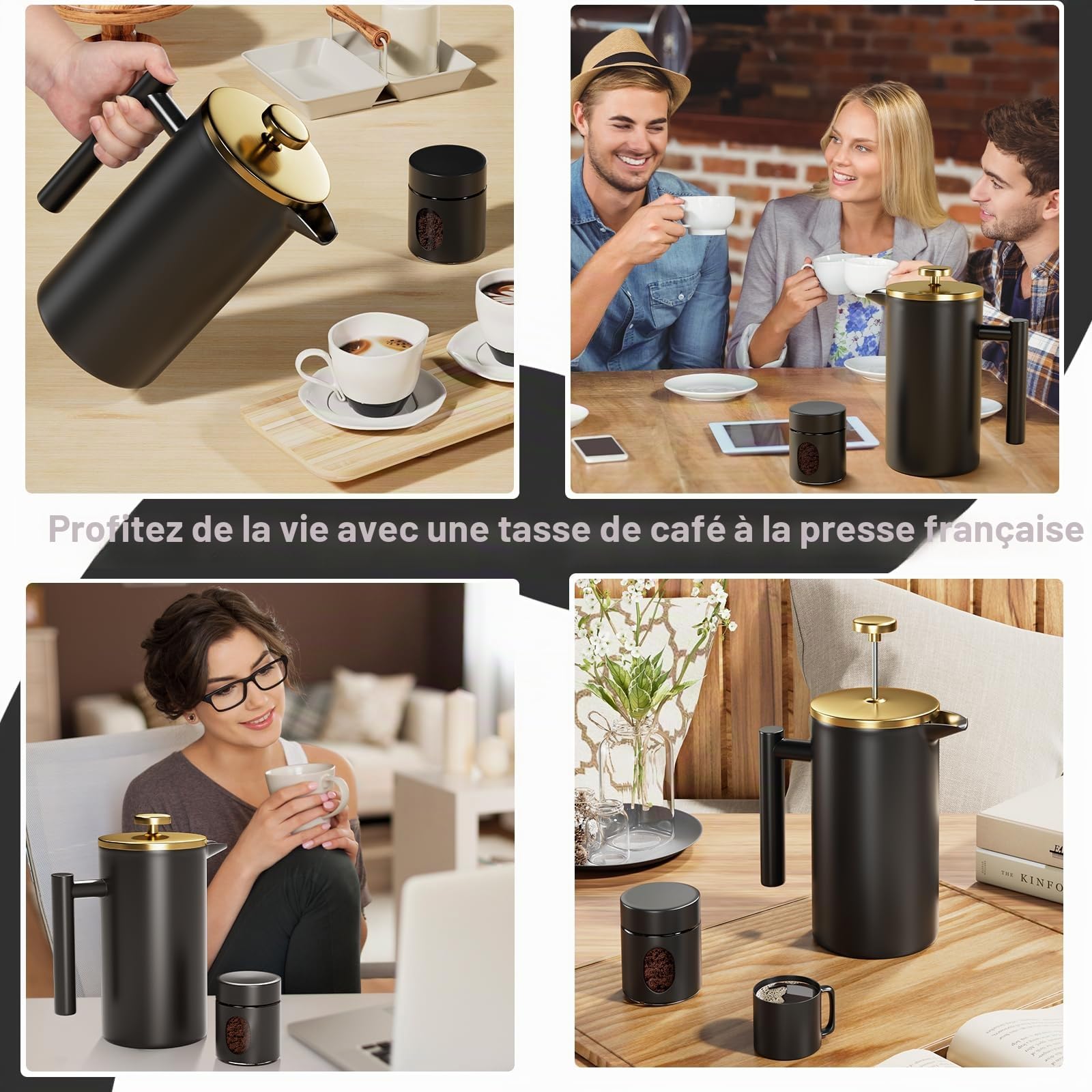 Cafetière à Piston, French Press 1L avec Système de Filtration 4 Couches, Cafetière Française Isolée Double Paroi en Acier Inox pour Maison, Voyage et Camping, Avec Boîte à Café, Noir