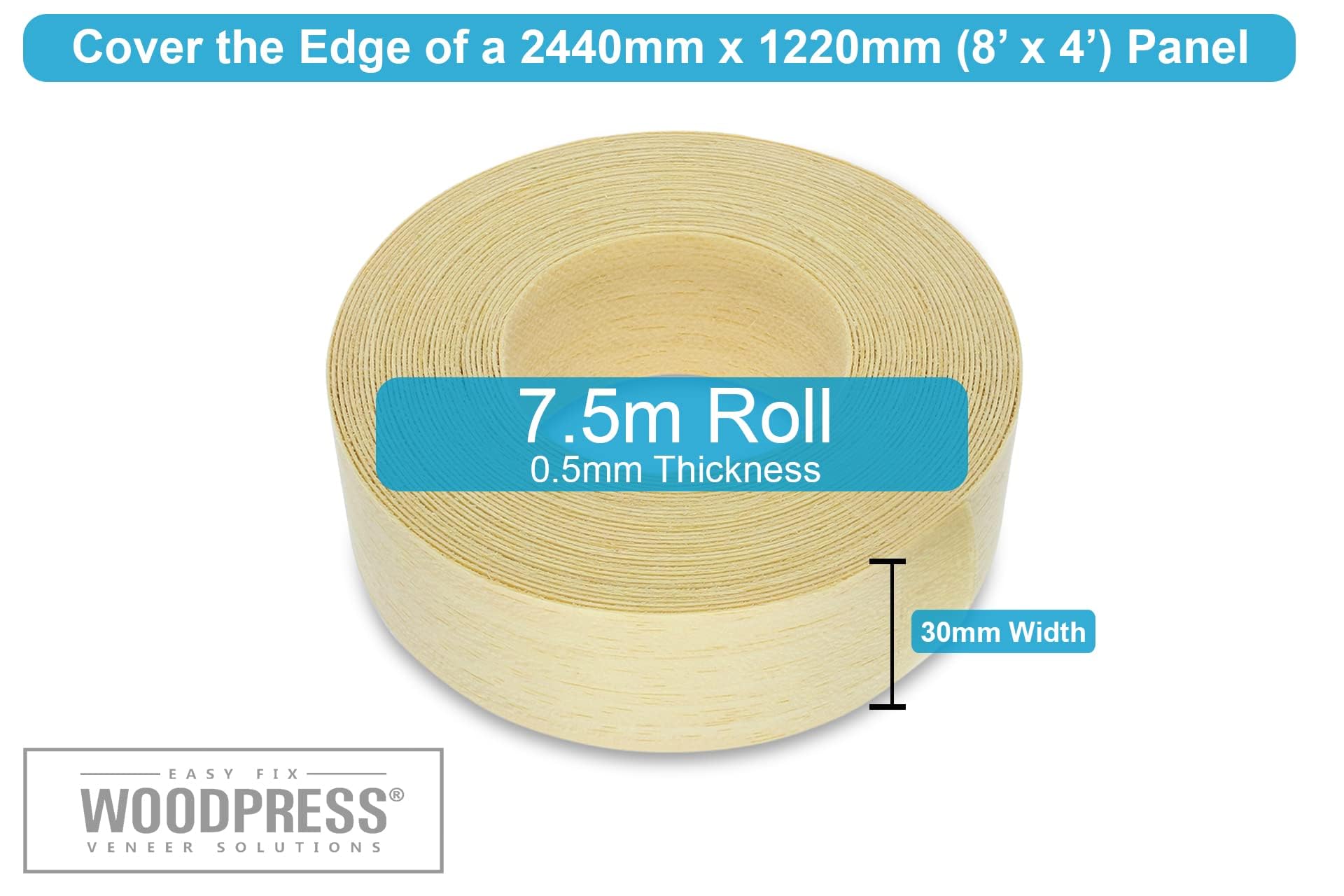 Borde de Madera Koto Real de 30 mm, Rollo de 7,5 m, Cinta de Chapa de Madera prepegada para una fácil aplicación de Bricolaje, cubrirá el Borde de un Panel de MDF estándar