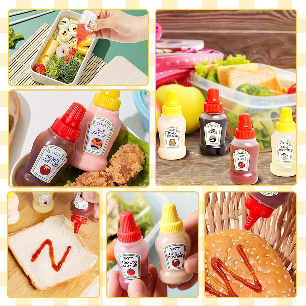 HASTHIP 8Pcs 25ml Mini Ketchup Bottles, Leakproof Tiffin Sauce Dispenser 4