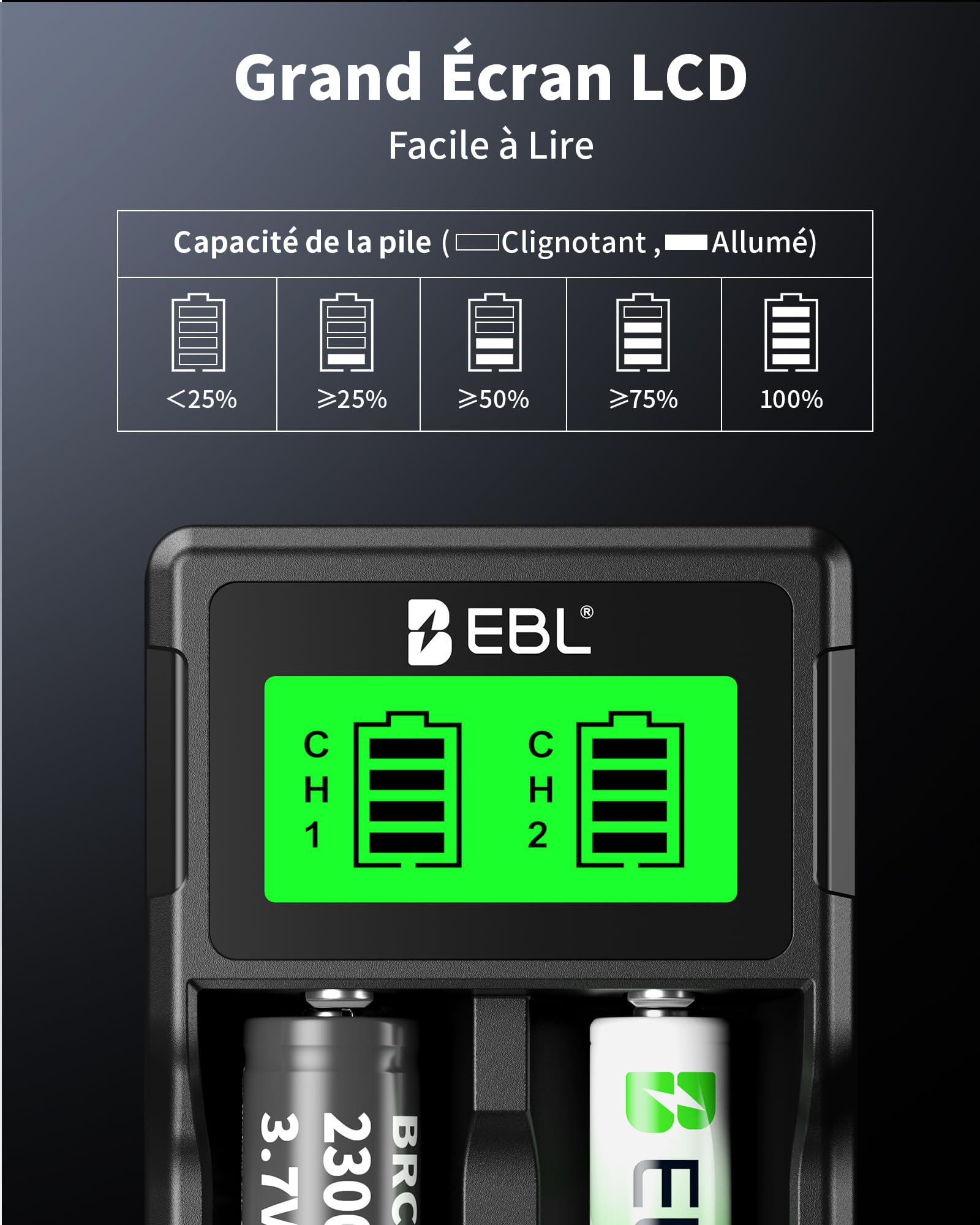 EBL Chargeur de Piles Universel 18650, pour Piles Rechargeables 3.7V Lithium-ION 26650 22650 18650 18490 18350 17670 17500 16340 (RCR123) 14500, et 1.2V Ni-MH Ni-CD AA AAA etc.
