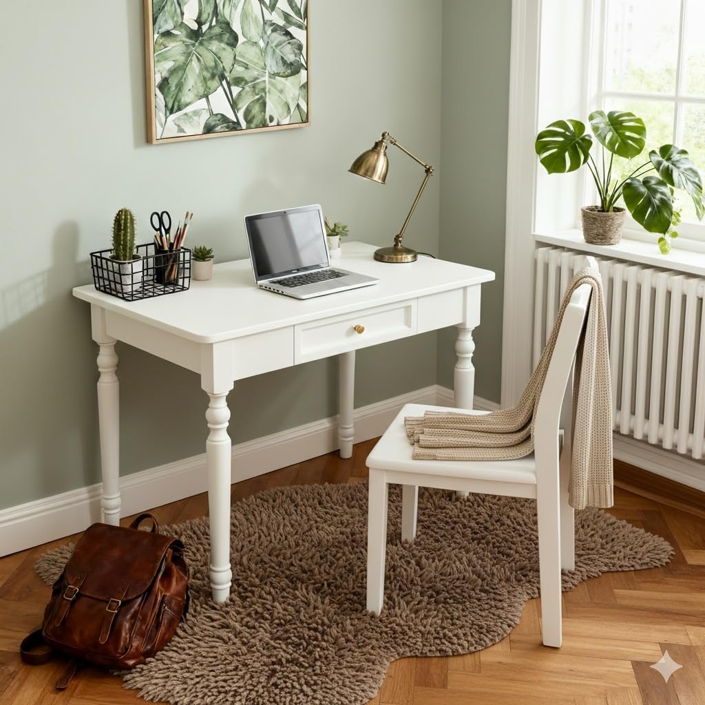 31.5in Country Desk and Chair Set, Home Office Computer Desk with Ergonomic Office Chair, Wooden White Writing Desk Study Table, for Bedroom, Office or Student Workstation(31.5'' x 23.6'' x 29.5'')