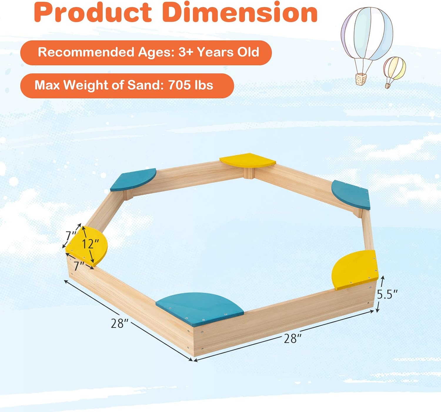 HONEY JOY Kids Sandbox, Cedar Bottomless Sand Pit for Backyard Deck Patio Lawn, 6 Corner Seats, Hexagon Wood Sand Boxes for Kids Outdoor, Gift for Boys Girls 3+, Natural