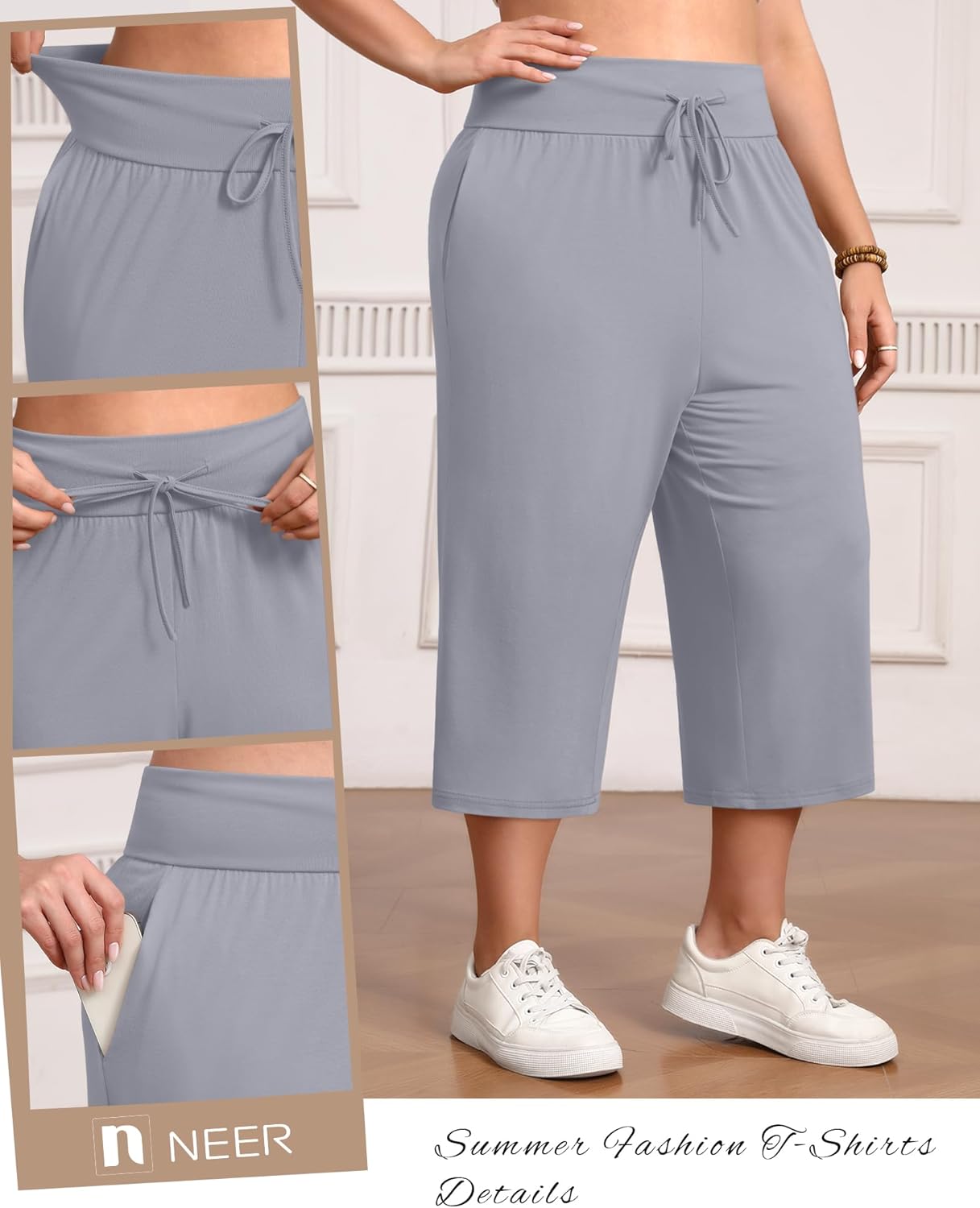 Neer 3 Pack Women's Capris Plus Size Yoga Lounge Pants Wide Leg High Waist Drawstring Cropped Sweatpants with Pockets