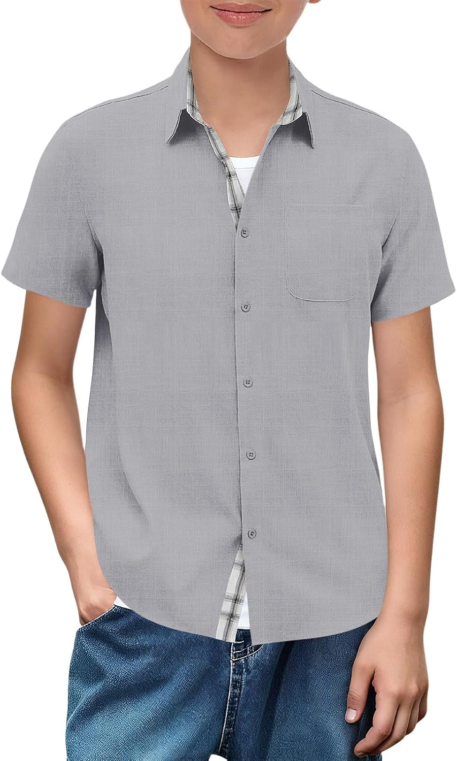 Haloumoning Boys Button Down Shirt Kids Short Sleeve Dress Shirts School Uniform Shirts with Chest Pocket 5-14 Years