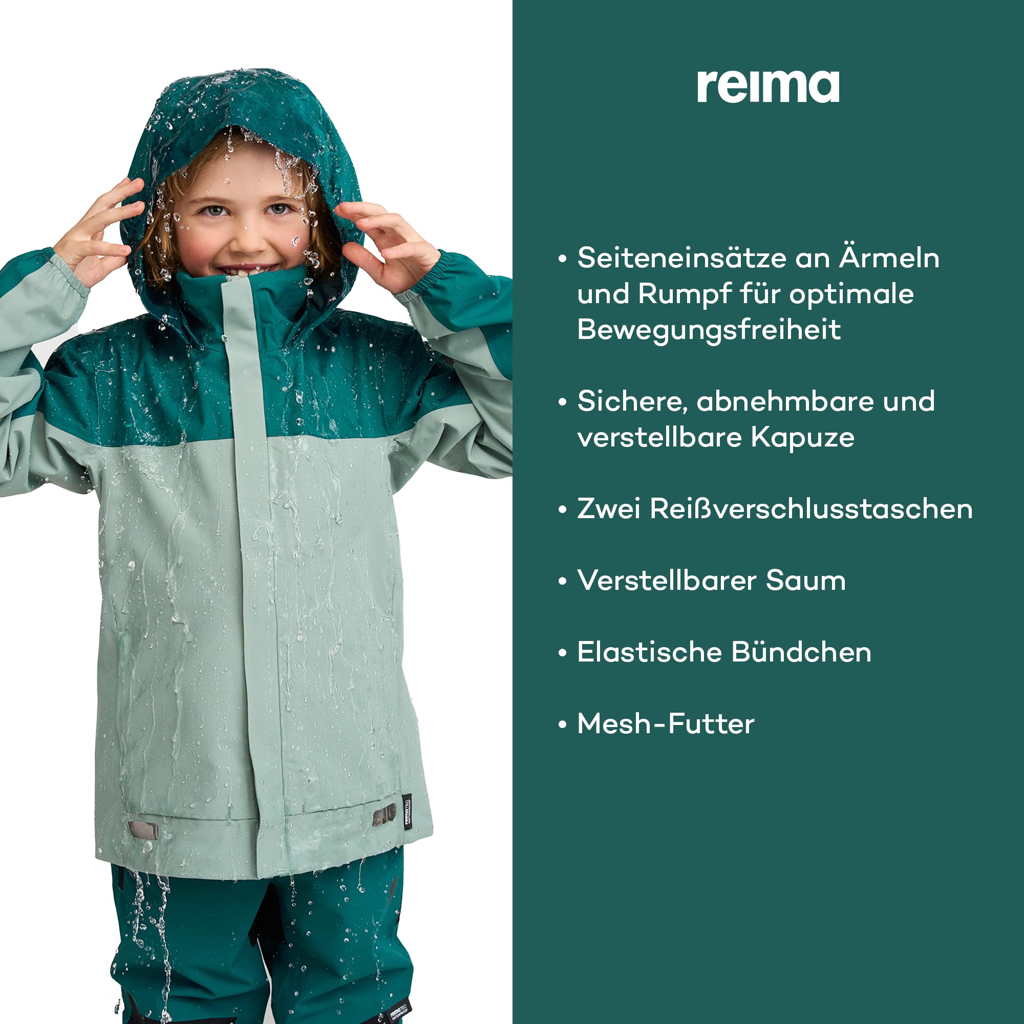 Reima - ReimaTec Salmi wasserdichte Regenjacke für Kinder - Leichte Übergangsjacke für Jungen und Mädchen mit 10.000 mm Schutz, atmungsaktives, winddichtes Material - Stone Green, 122