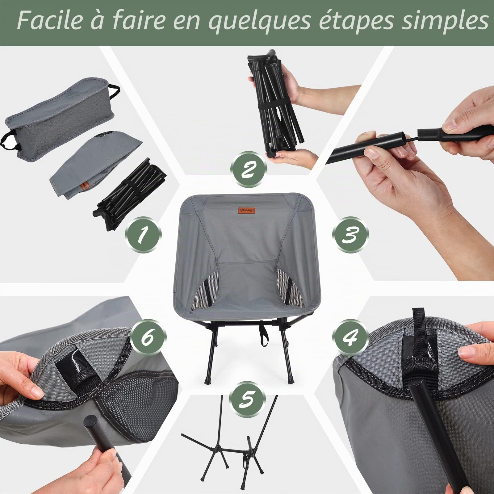 Rainberg Lot de 2 chaises de camping ultra légères pliantes, chaises de camping pour adultes, chaises de jardin pliantes pour pique-nique, barbecue (gris)