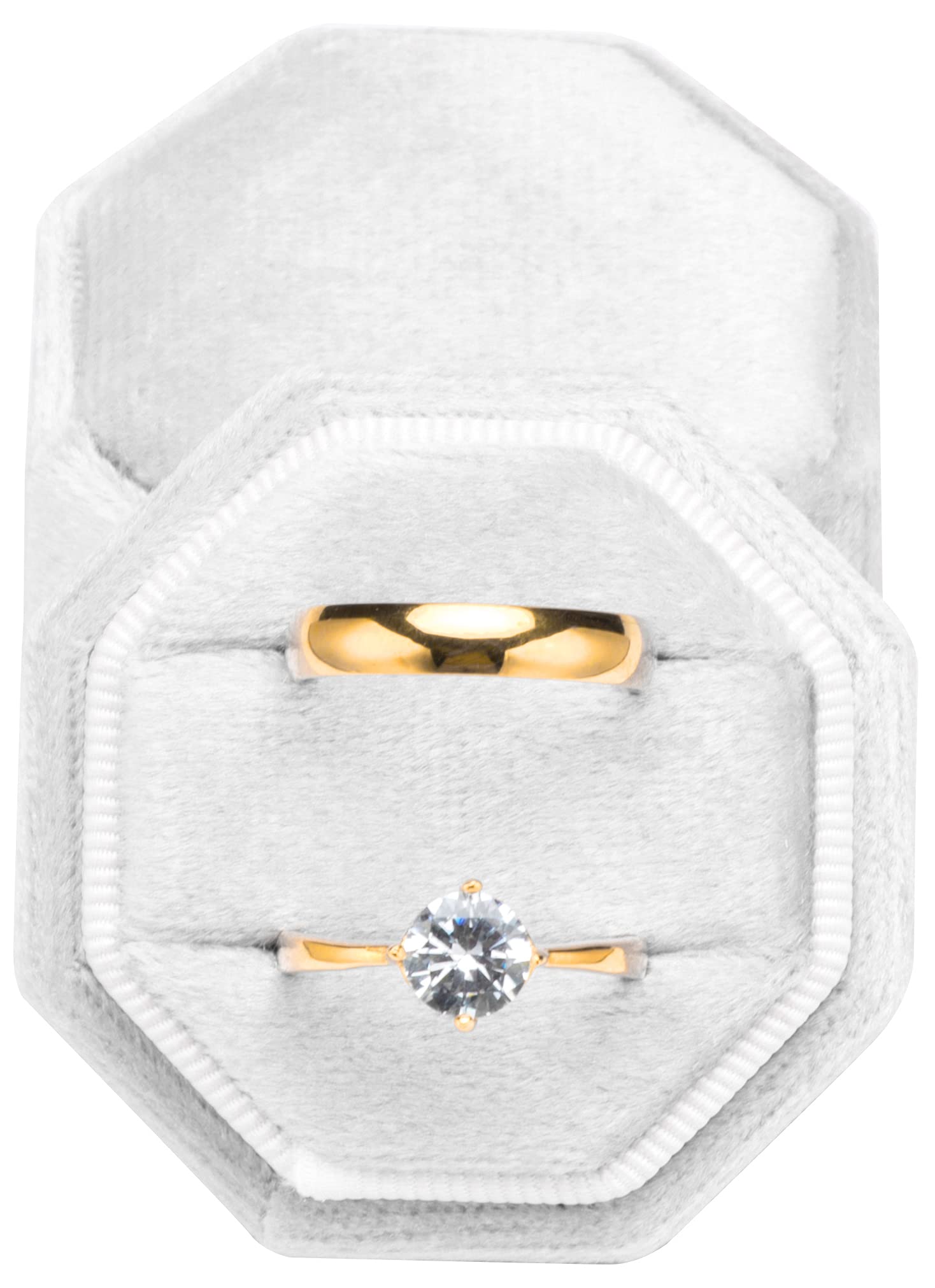 Pokofo White Premium Velvet Ring Bearer Box For Proposal Engagement Wedding Ceremony - Equilateral Octagon Vintage Double Ring Display Holder With Detachable Lid (White)