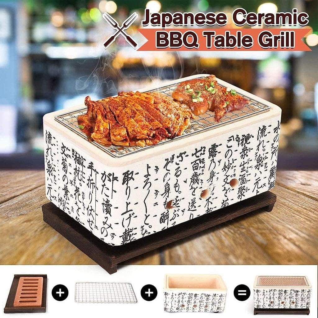 Hibachi - Barbecue portatile in ceramica giapponese, 4 in 1, a carbone, mini griglia di cottura per campeggio e cucina all'aperto