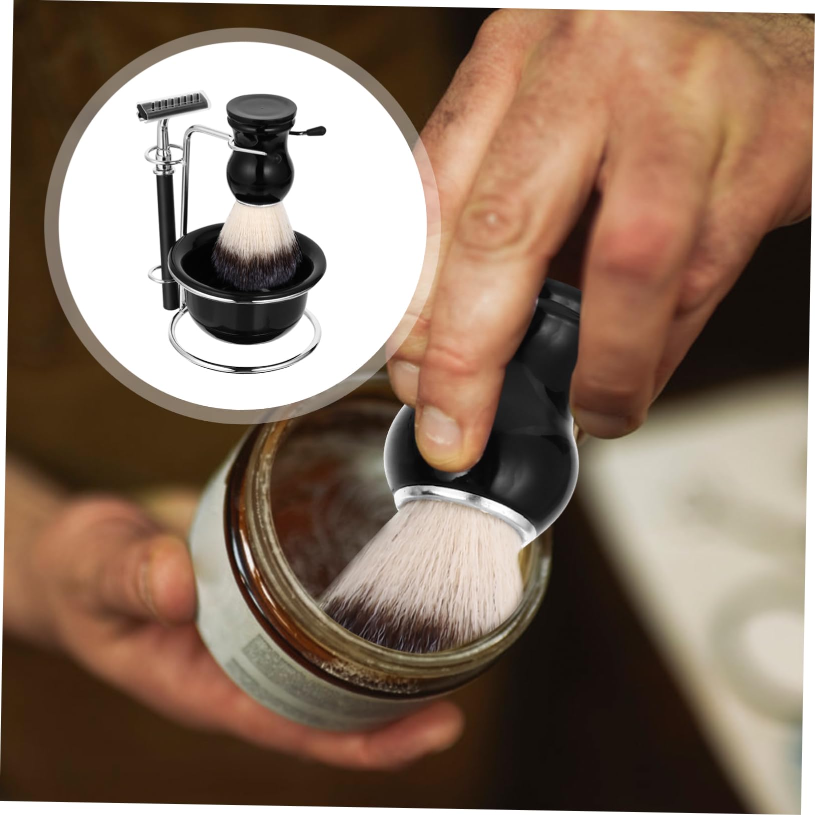 Set Rasoio Barba Stand e Ciotola in Acciaio Inox 4 Pezzi