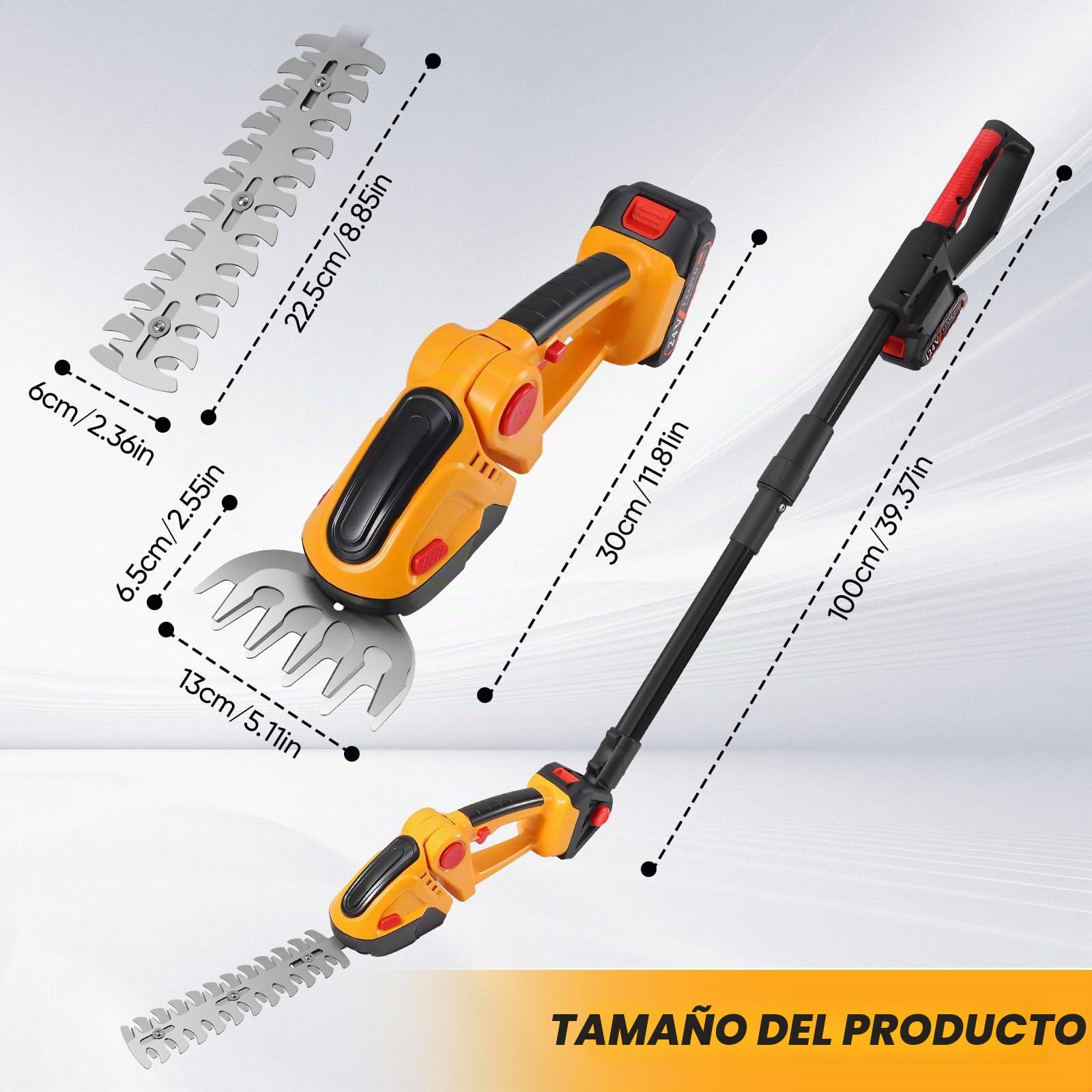 Cortasetos eléctrico 2 en 1 con barra telescópica extensible (2,5 m), 2 cuchillas profesionales, doble batería de 1500 mAh y cargador – Ideal para poda de arbustos, jardines y parterres