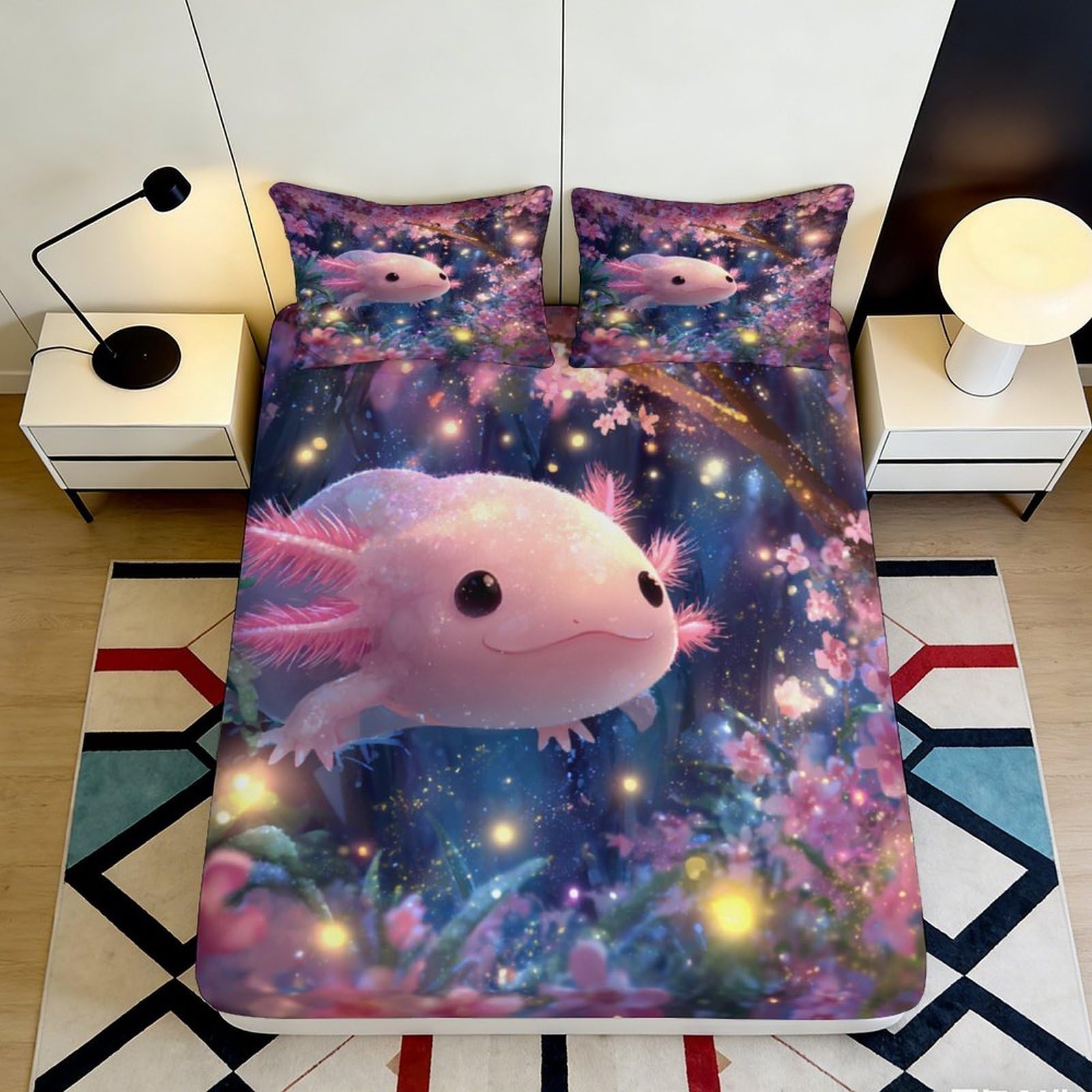 Pnayamiorkfel Style-10 3D Printed Fantasy Axolotl Fitted Sheet Microfiber Soft Bedroom Decor Firefly Forest Mattress Cover Washable 90X200x25cm