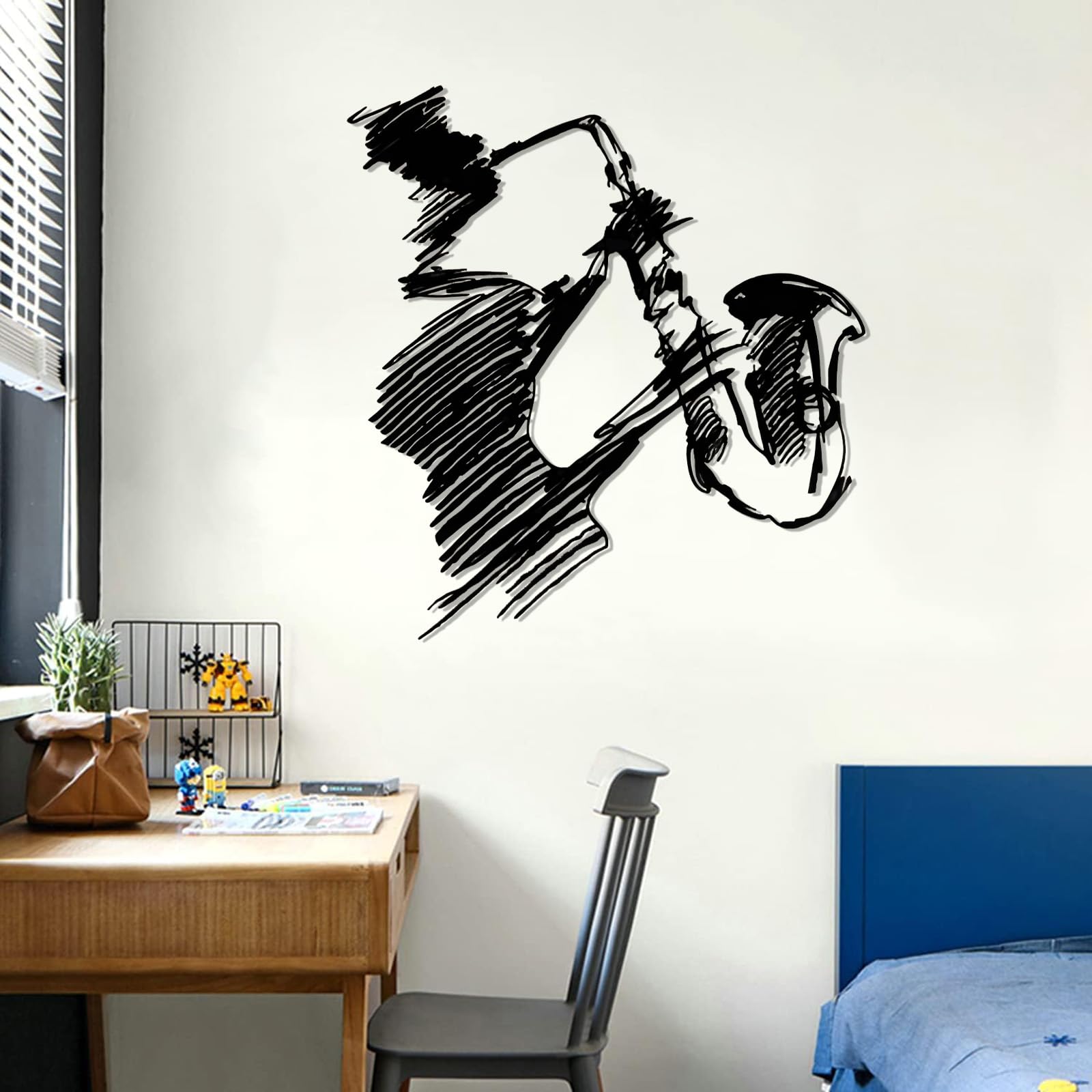 Decorazione da Parete in Metallo con Sassofono, Musica Astratta, Decorazioni con Linee astratte, Decorazione da Musicista, Cartello Jazz per Soggiorno, Studio (Argento 20