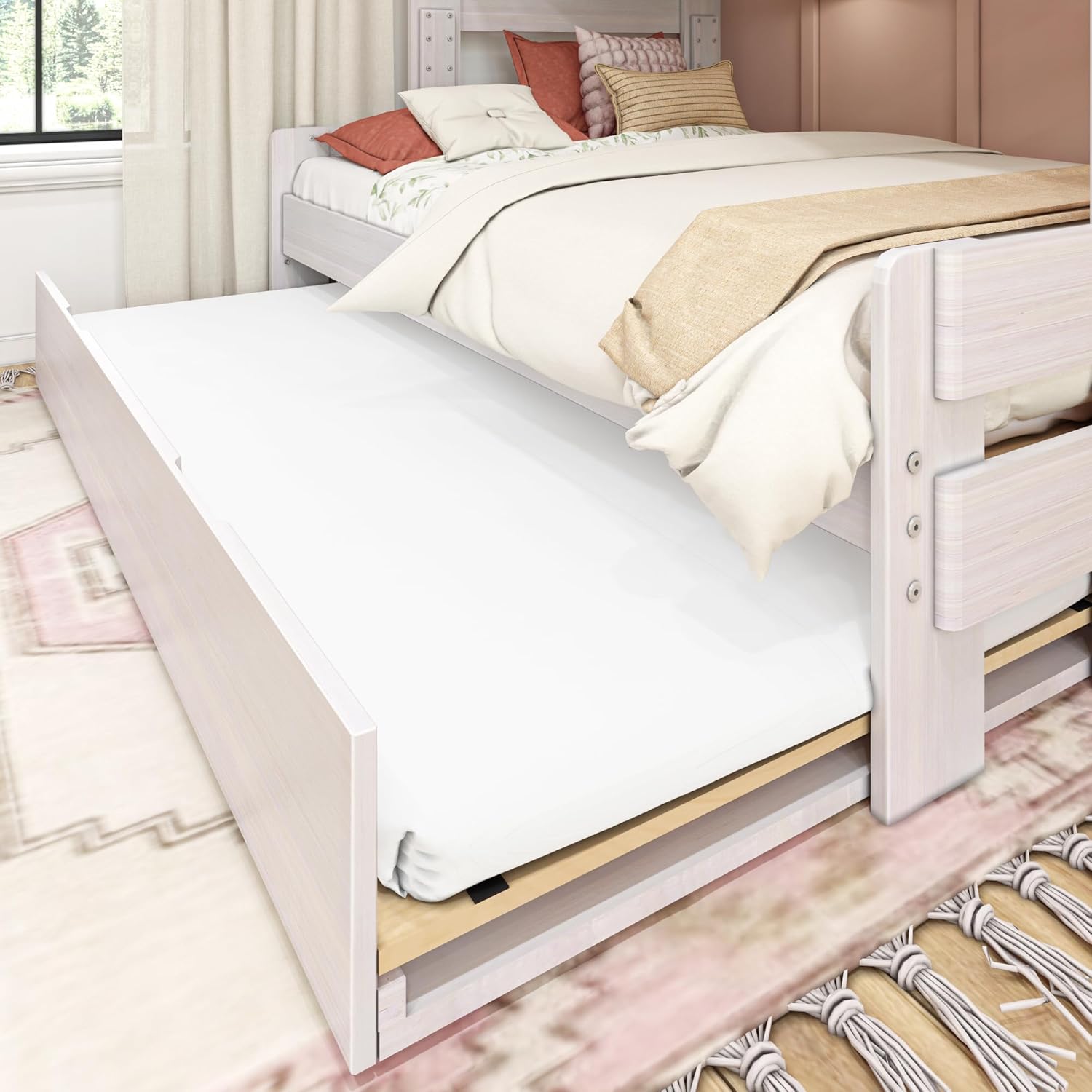 Max & Lily Modern Farmhouse Twin/Full Bunk Bed with Trundle, White Wash