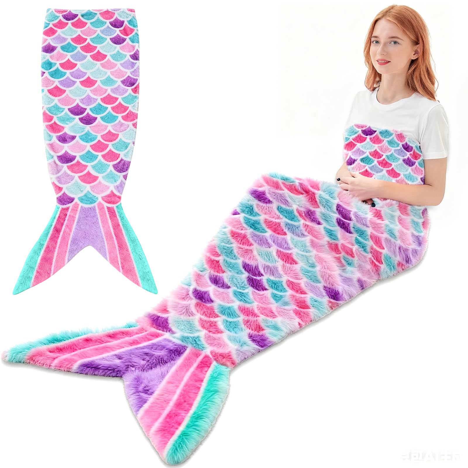 Manta de Cola de Sirena, Manta Cola de Sirena, Franela Saco de Dormir de Sirena para Niñas Adultos, Adecuado para Halloween, Navidad, Regalos de Cumpleaños, 160 x 70cm