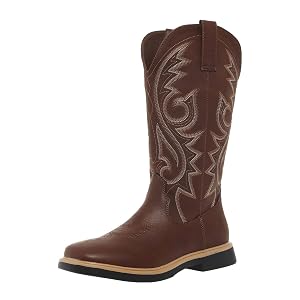 HINDOLA Cowboy Boots for Women Chunky Low Heel Western Cowgirl Retro Boot Classic Fashion Embroidered Mid-Calf Leather Boots