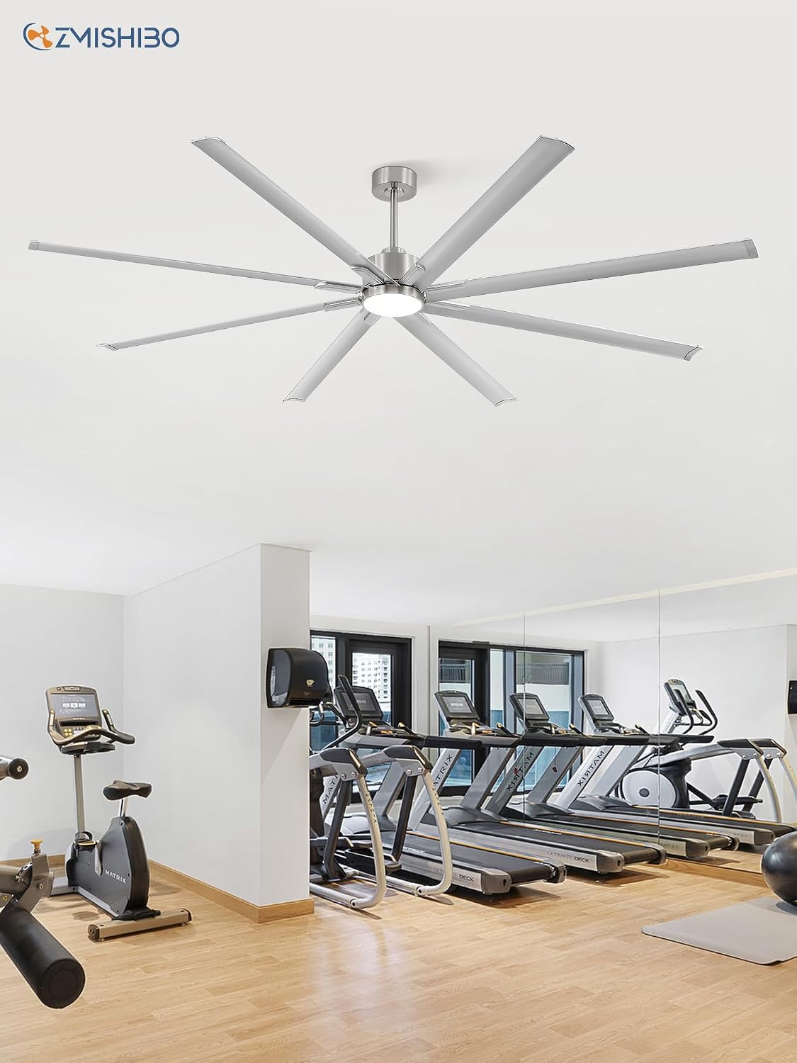 ZMISHIBO 96" Industrial Ceiling Fans with Lights, Large Ceiling Fan with 3CCT, 8 Reverisble Aluminum Blades, Quiet DC Motor, 6-Speed Remote, Indoor/Outdoor Ceiling Fans for Patios/Garage/Porch, Nickel