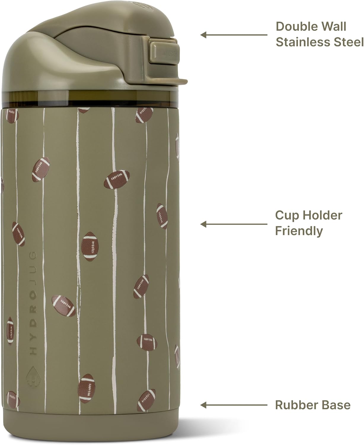 HydroJug Ease2o 14oz Kids Insulated Stainless Steel Water Bottle, Dual Straw & Chug Lid, Leak-Resistant Locking Lid, Vented Cap, Cup Holder Friendly, BPA-Free – Football