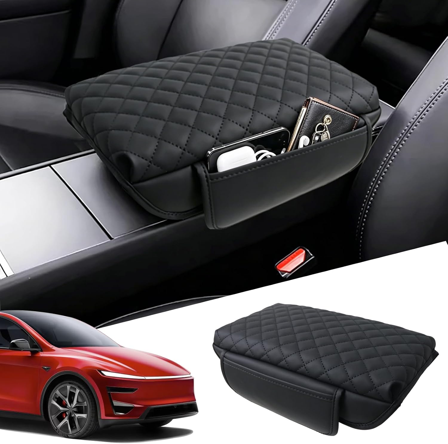Center Console Cover for Tesla Model Y Juniper 2026 2025 / Model 3 Highland 2024-2026, Armrest Cover Cushion Pad Console Lid Protector with Pockets Storage Bag for Model Y Juniper Accessories