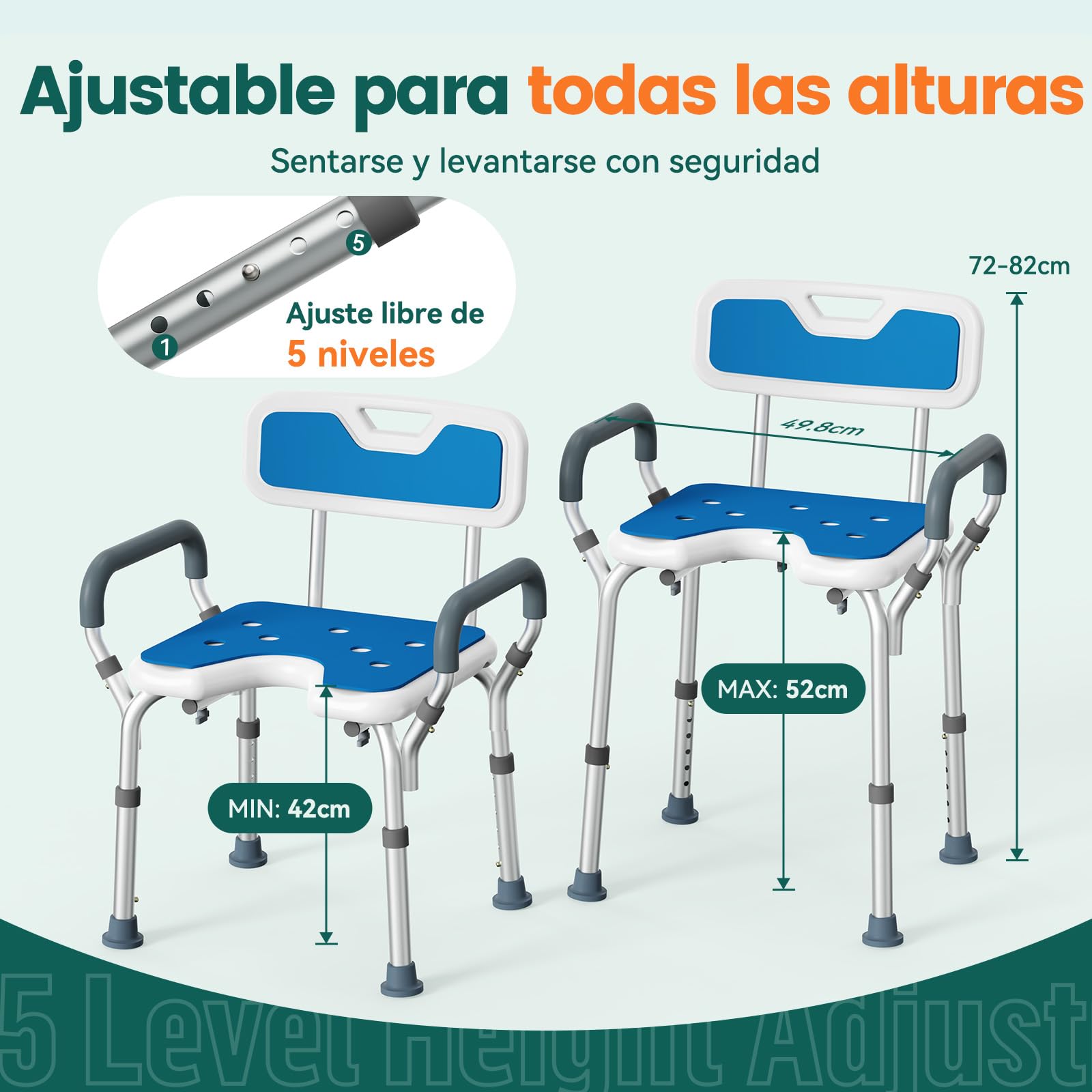 Silla de Ducha Ajustable con Reposabrazos – Asiento de Ducha Antideslizante en U con Respaldo y Reposabrazos Acolchados, Taburete de Baño Ligero para Personas Mayores y con Discapacidad