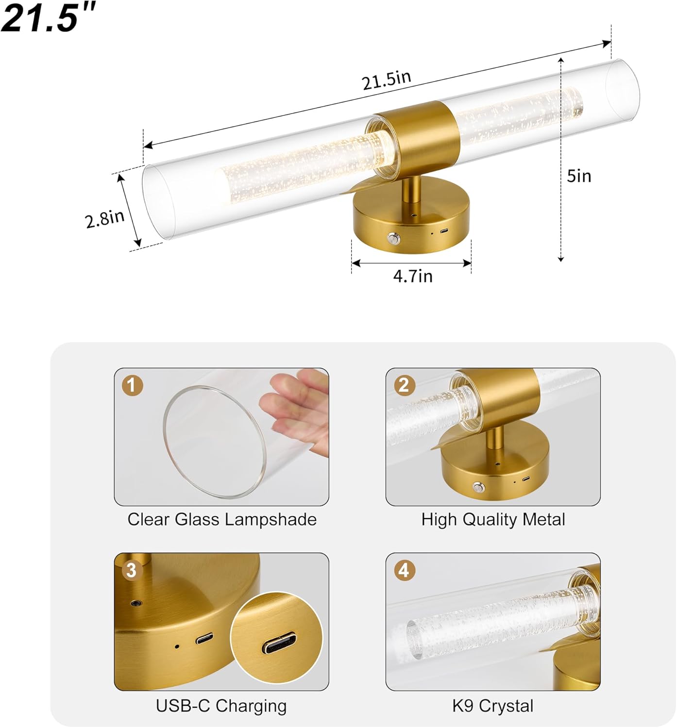 10000mAh Battery Operated Wall Sconce Set of Two, Crystal Bubble Rechargeable Wall Sconces 3000K/4500K/6000K Timer Battery Operated Wall Light with Remote Control for Living Room Gold