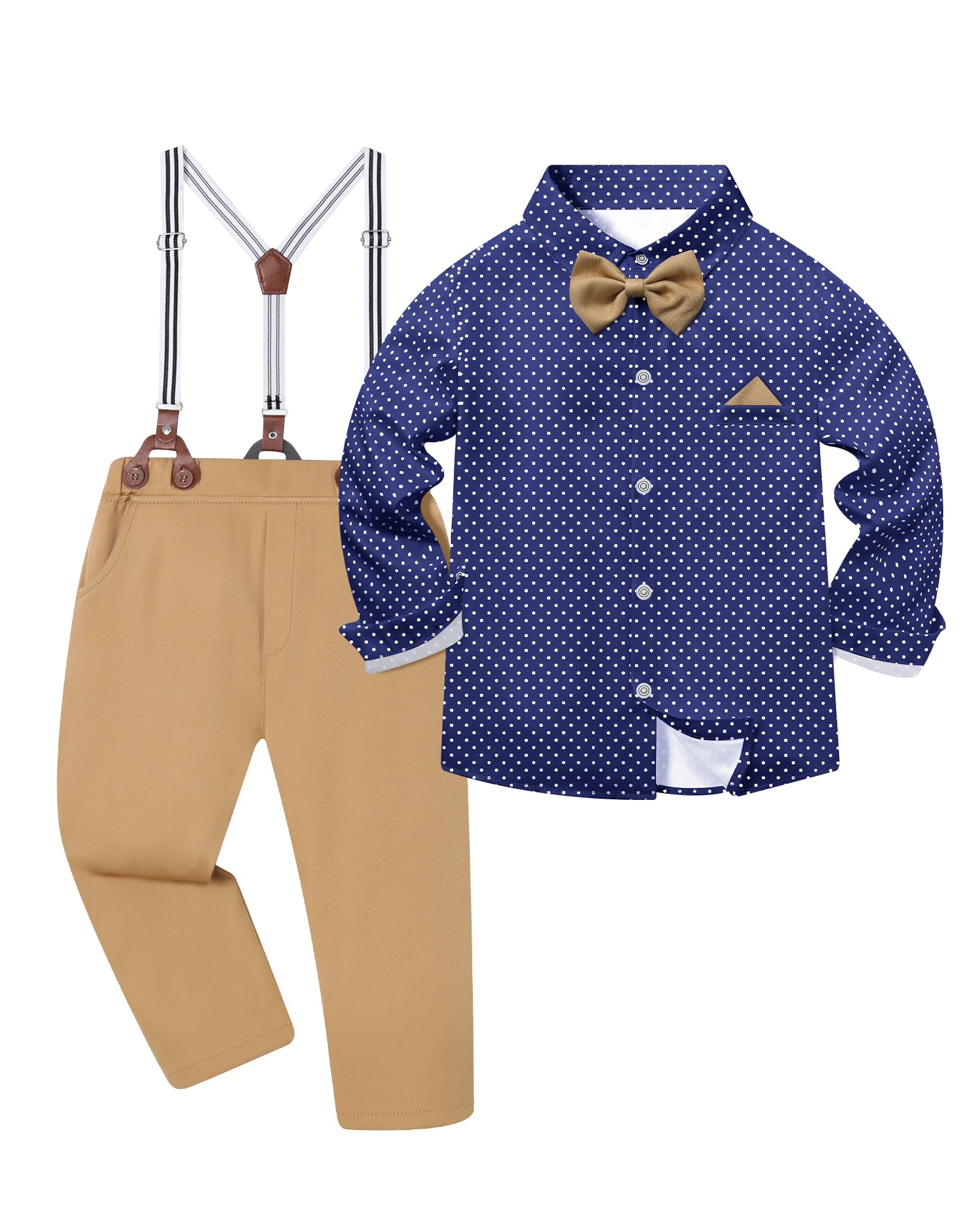 DISAUR Boys Dress Clothes Wedding Ring Bearer Outfit Boy Formal Suits Dress Shirt with Bow Tie +Suspender Pants Set