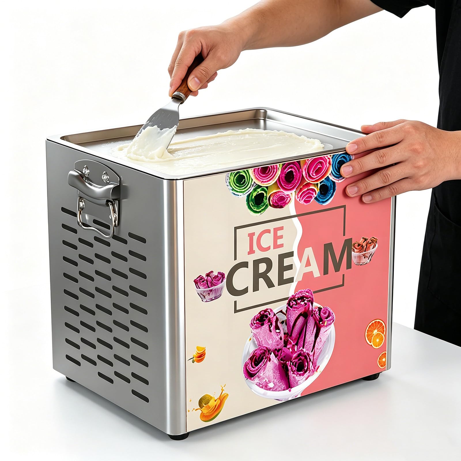 Beachtiful Commercial 300x240mm Fried Ice Cream Roll Machine, 330W Stainless Steel with 2 Scrapers for Cafes & Bars