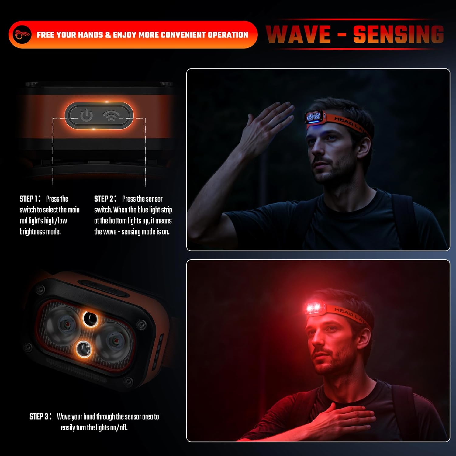 DARKBEAM Red LED Headlamp Dual Light High Lumens USB Rechargeable Redlight Headlight for Hardhat with Motion Sensor, Up/Down Adjustable, Waterproof Head Lamps for Camping, Fishing, Hunting - Image 3