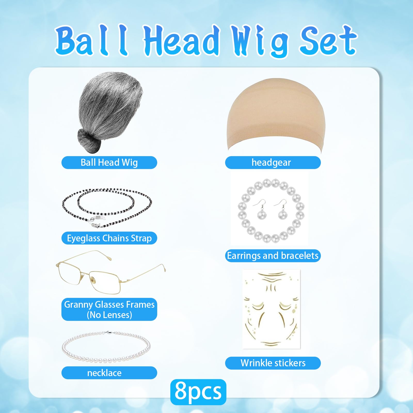 BFSYRR Old Lady Fancy Dress, 9PCS Granny Costume Set including Grey Wig, Pearl Necklace, Bracelet, Earrings, Glasses - Image 2