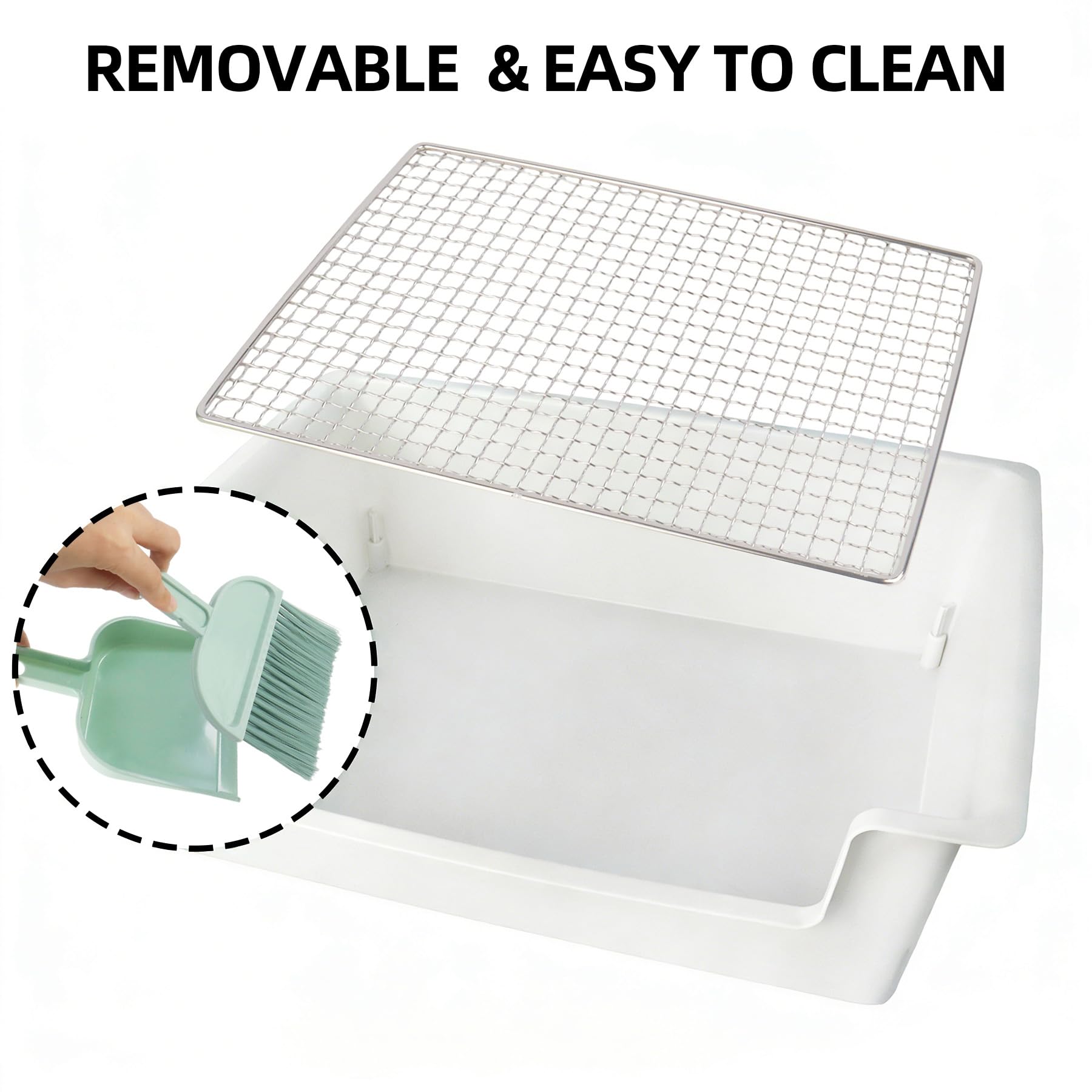 Dmnnlp Stainless Steel Gird Rabbit Litter Box, Low Entry Bunny Litter Pan with Hay Feeder & Broom, Corner Potty Tray for Small Animals Rabbits Guinea Pigs Ferrets, 15.4x11.2x4.8 inch (White) - image 3