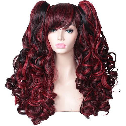 ColorGround Long Curly Multi-Color Cosplay Wig with 2 Ponytails(Black with Red)